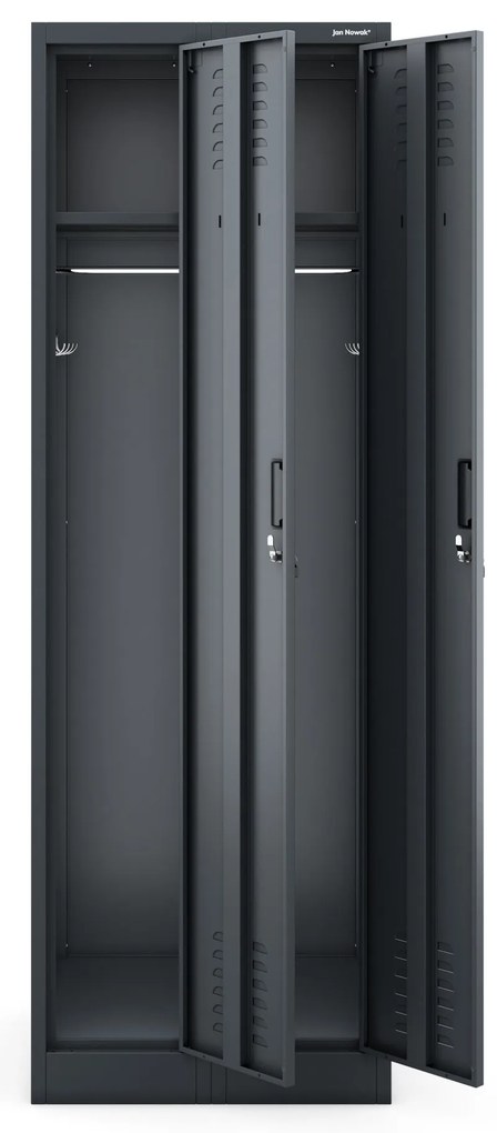 Pléh öltözőszekrény talpazaton, négymodulos, polcokkal KACPER II, 600 x 1800 x 500 mm, antracit