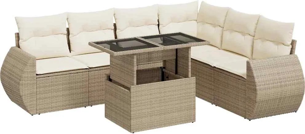 vidaXL 7 részes bézs polyrattan kerti ülőgarnitúra párnákkal