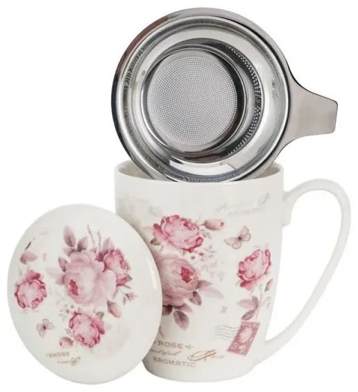 Rózsás porcelán bögre fém szűrővel és tetővel - 350 ml SECESJA díszdobozos