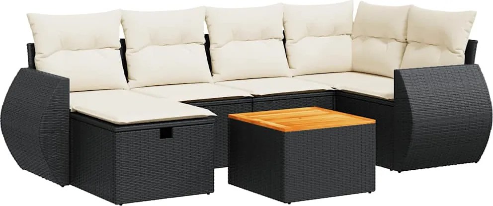 vidaXL 7 részes fekete polyrattan kerti ülőgarnitúra párnával