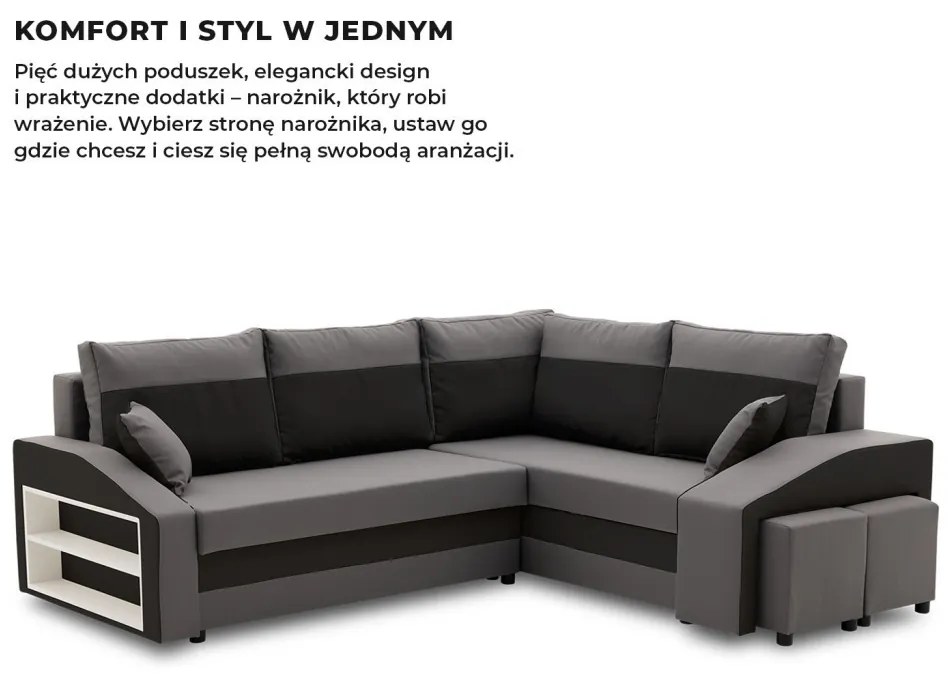 Grande sarokkanapé polcokkal és puffokkal , polc a bal karfaban puffok a jobb karfaban, jobboldali, szövet anyag, bonell töltet, szürke - fekete