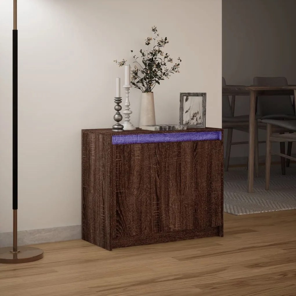 barna tölgy színű szerelt fa tálalószekrény LED-del 72x34x61 cm