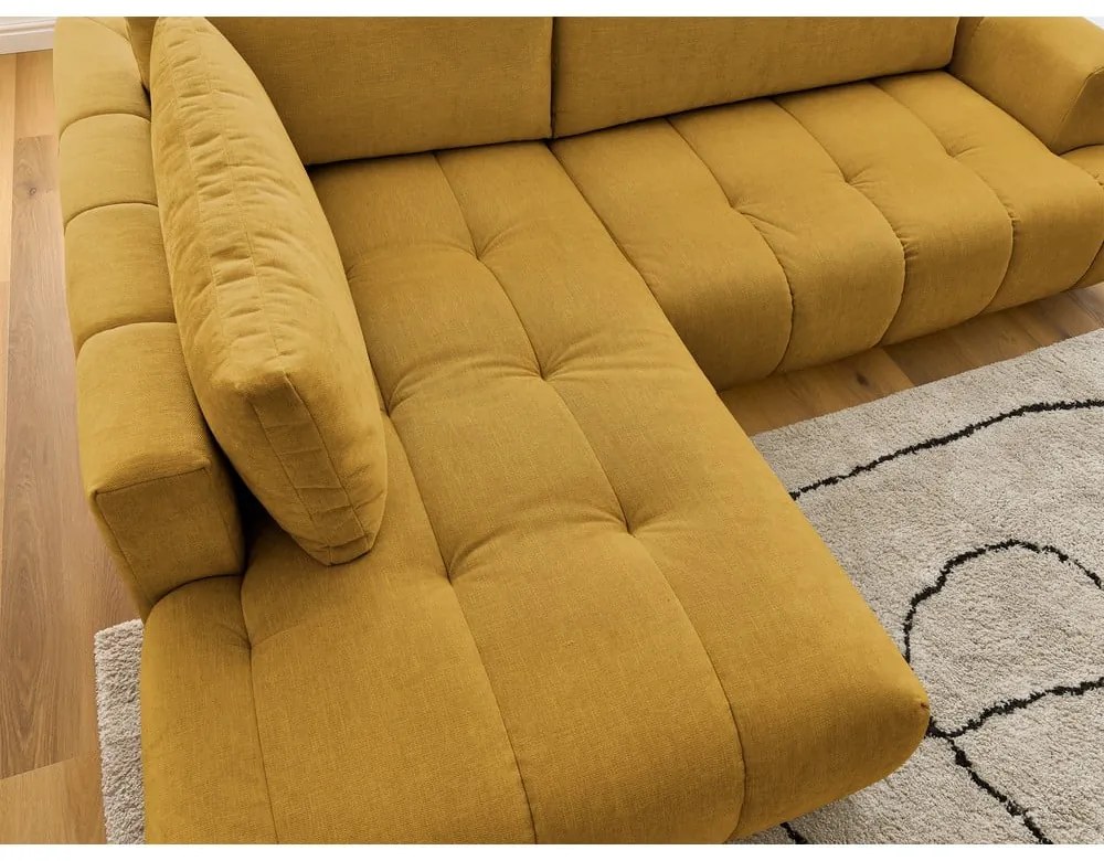 Mustársárga kinyitható-tárolóhelyes sarokkanapé (bal oldali-L alakú) Fuji – Bobochic Paris