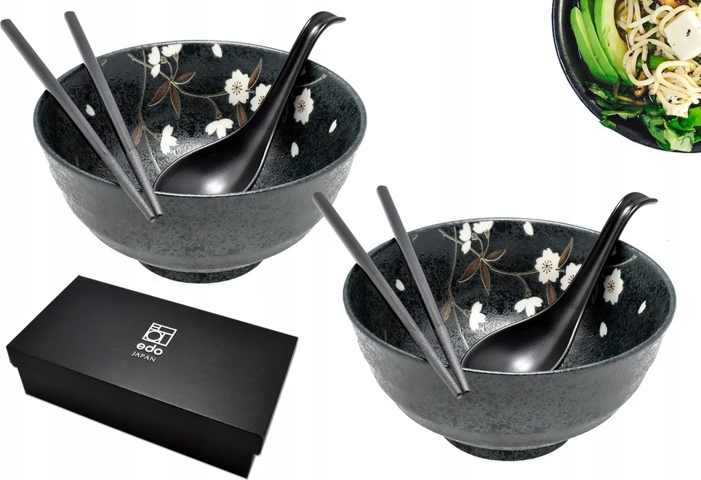 2 db-os tál szett kanállal és pálcikákkal Udon Kuroi Hana 800 ml Box