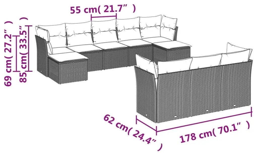 10 részes bézs polyrattan kerti ülőgarnitúra párnával