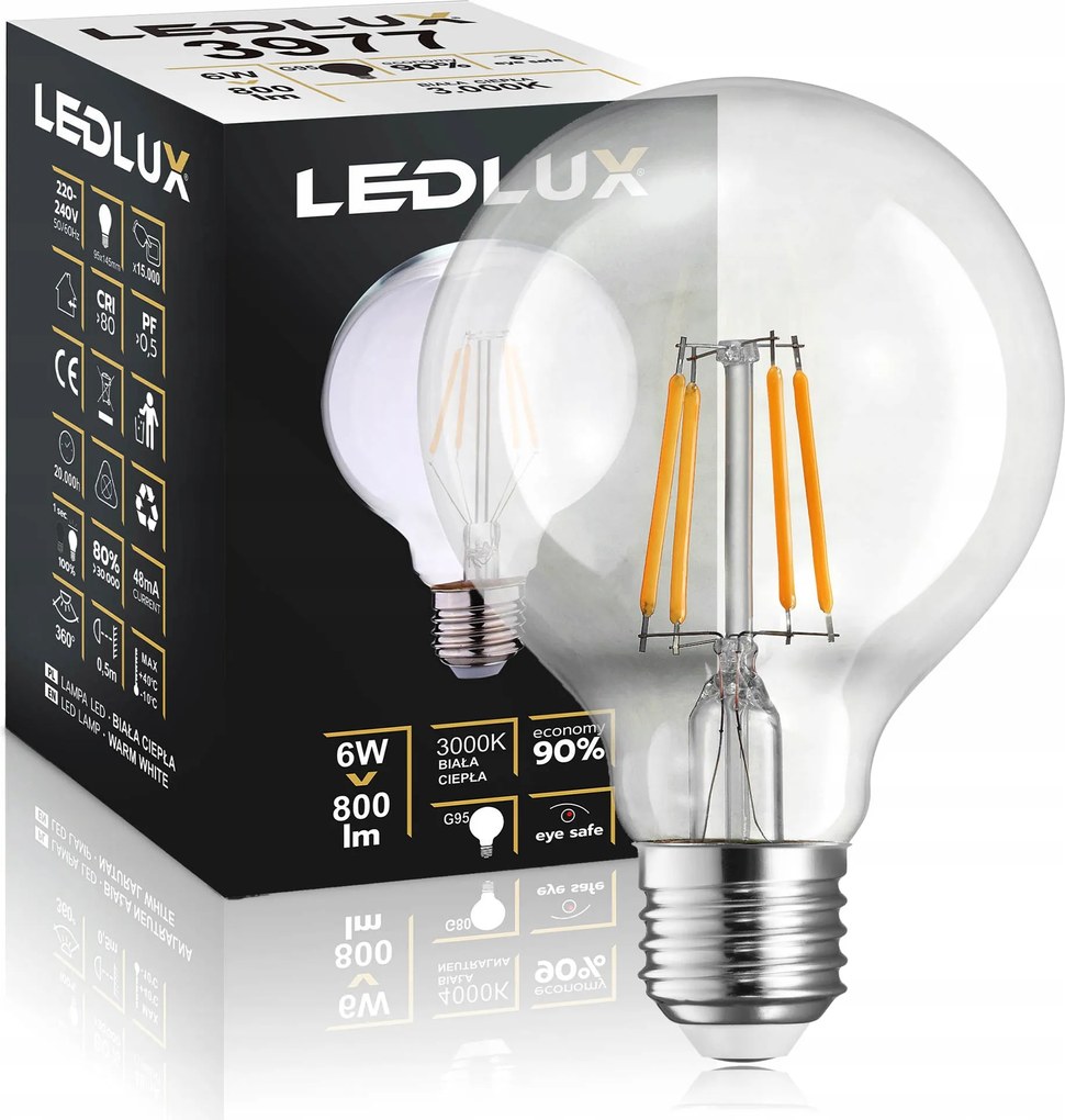 Led izzó E27 G95 6W=50W Meleg Filament Edison Dekoratív Ledlux Prémium