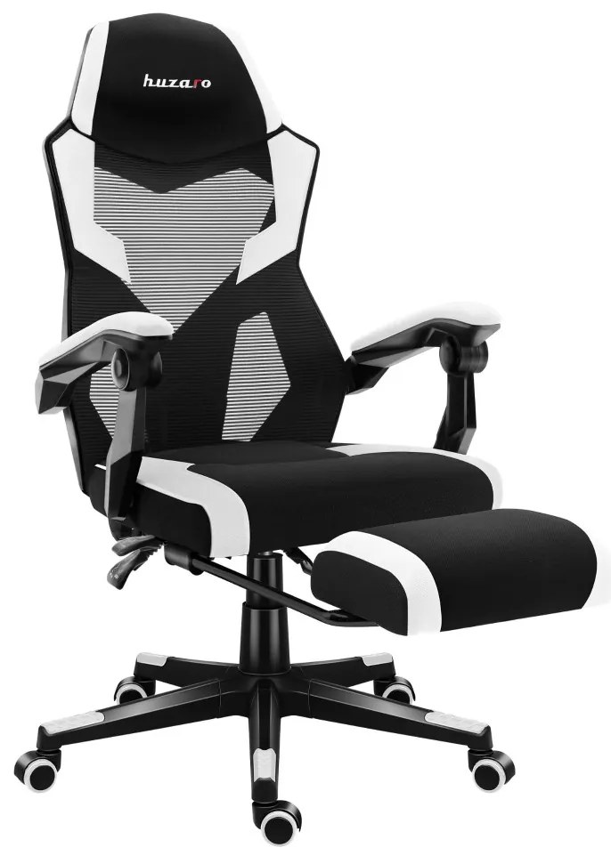 Gamer szék, lábtartó, lélegző anyag, ergonómikus kartámaszok, fekete-fehér