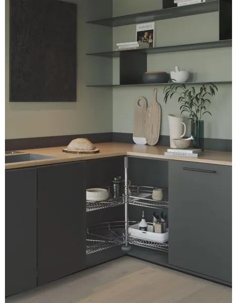 Konyhai fémrács, sarokszekrénybe, 3/4 kör kosár, ezüst szürke, 810mm átmérő, oszloppal, 400mm ajtókhoz, Sige Green Line 361