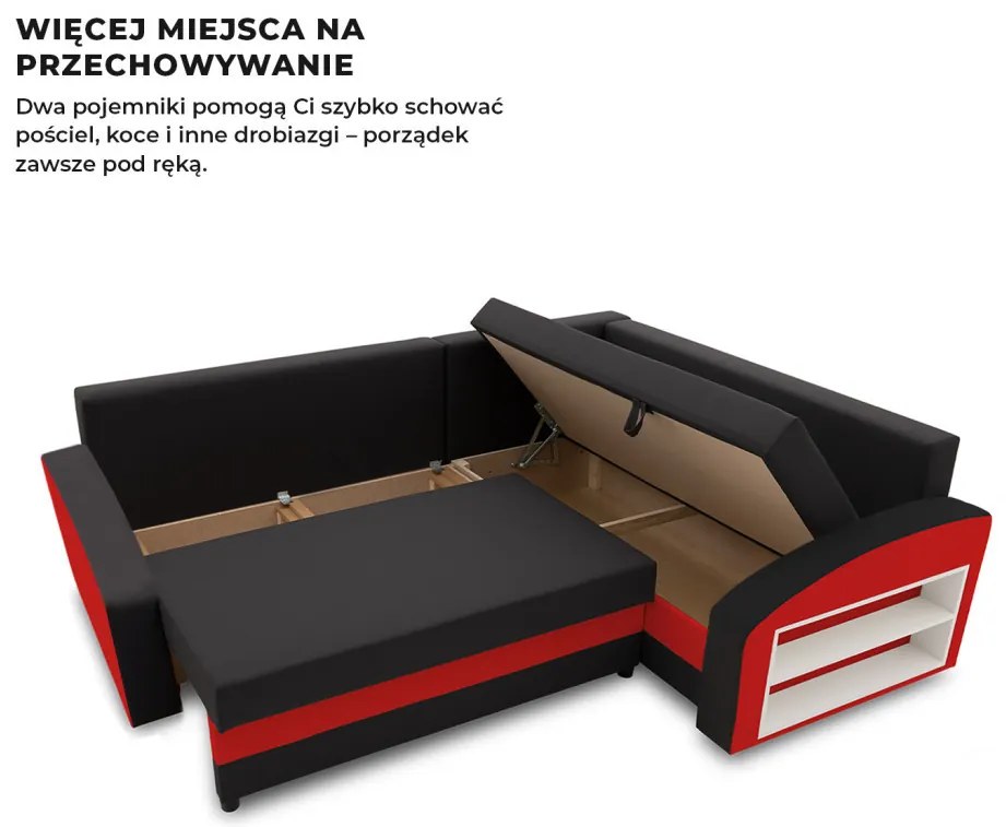 Grande sarokkanapé polcokkal , polc a jobb karfaban, jobboldali, szövet anyag, hab töltet, fekete - piros
