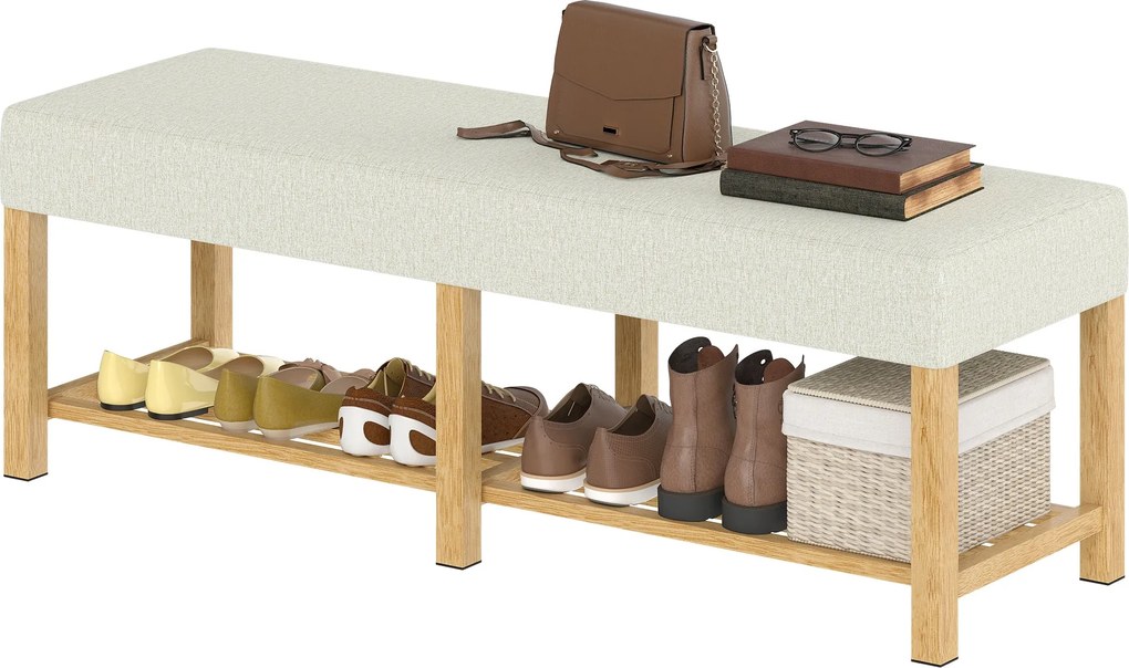 HOMCOM cipőpad — modern előszobabank párnázott ülőhellyel 2 személyre, nyitott cipőpolc, gumi fa váz, előszobába, nappaliba, 140 x 44 x 48 cm | Aosom