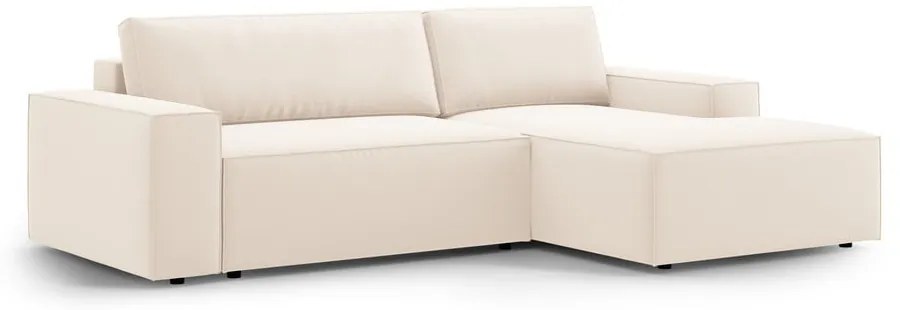Bézs bársony kinyitható-tárolóhelyes sarokkanapé (jobb oldali-heverő résszel) Jodie – Micadoni