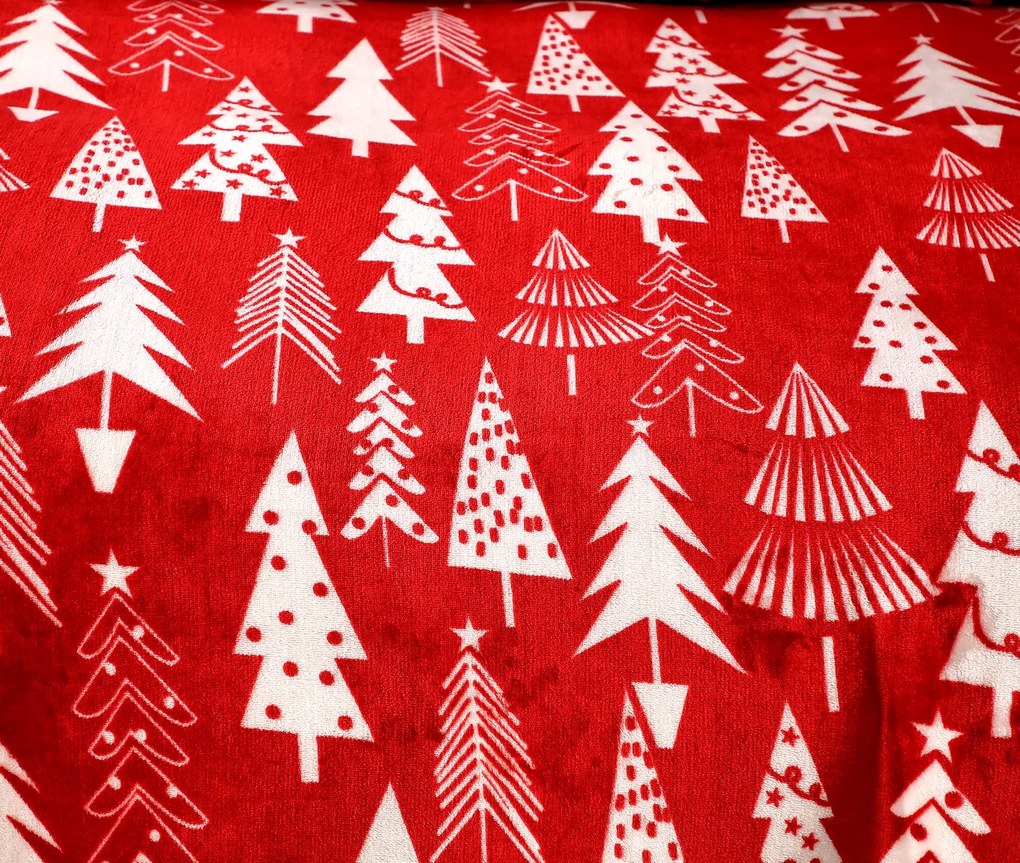 Mikroplüss ágynemű szett CHRISTMAS TREES piros + Mikroplüss lepedő SOFT 180x200 cm fehér, franciaágy