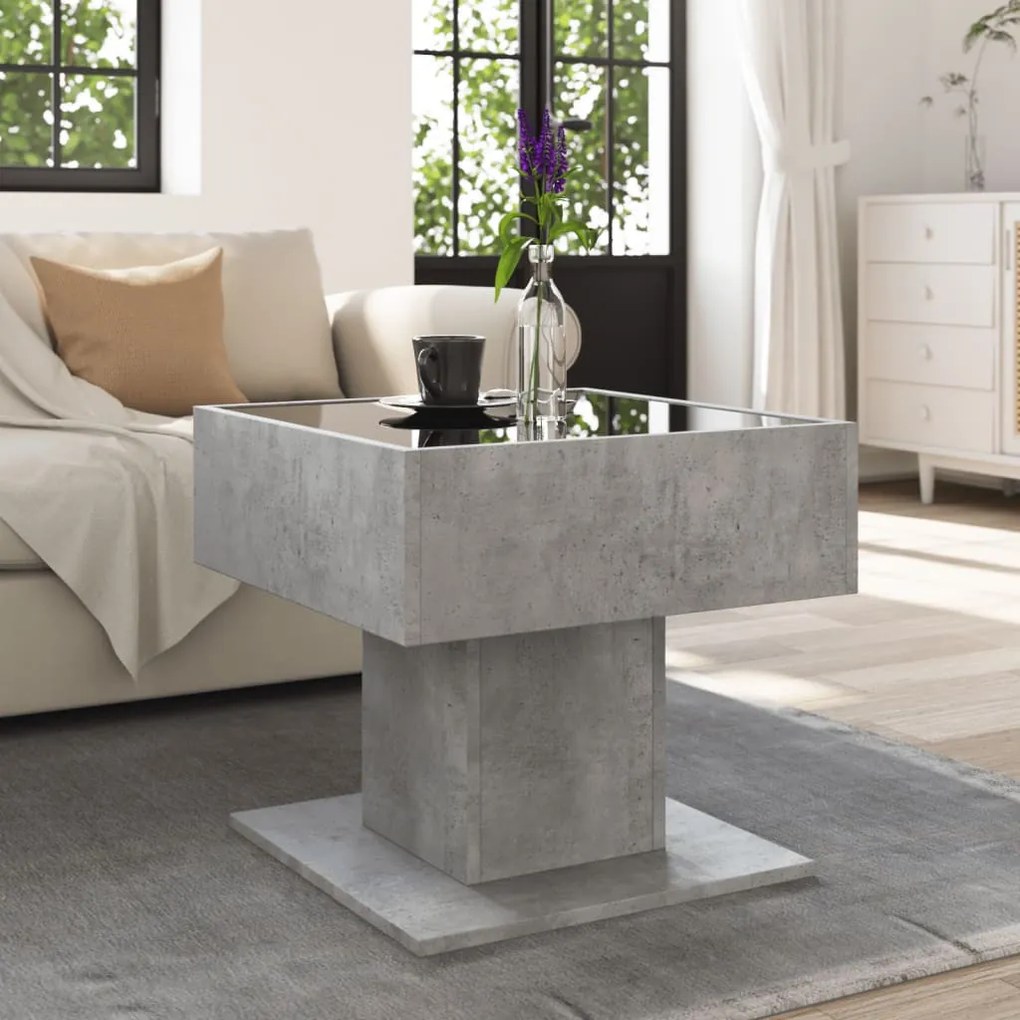 Betonszürke szerelt fa dohányzóasztal LED-del 50 x 50 x 45 cm