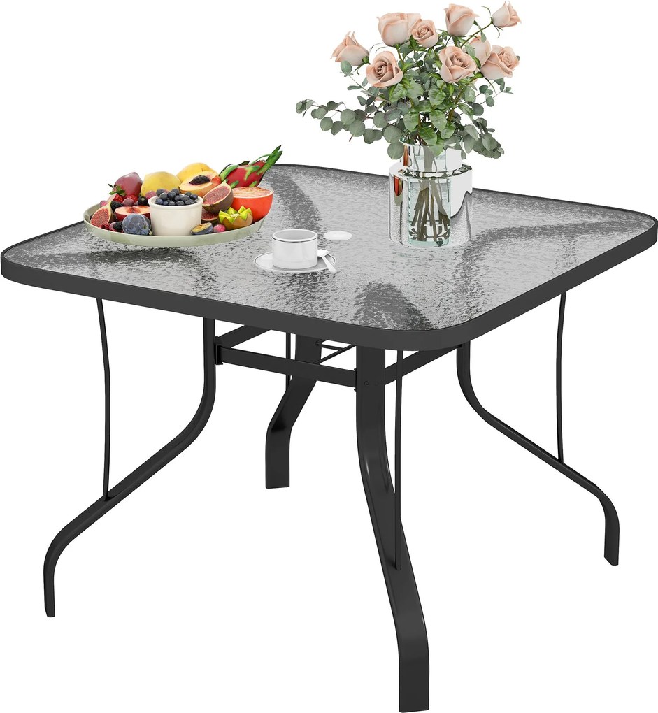 Outsunny 4-Fős Kerti Asztal 54mm-es Napernyő Nyílással, Fém és Edzett Üveg Kerti Étkezőasztal, Teraszra, Erkélyre és Szabadtéri Használatra, 96.5x96.5