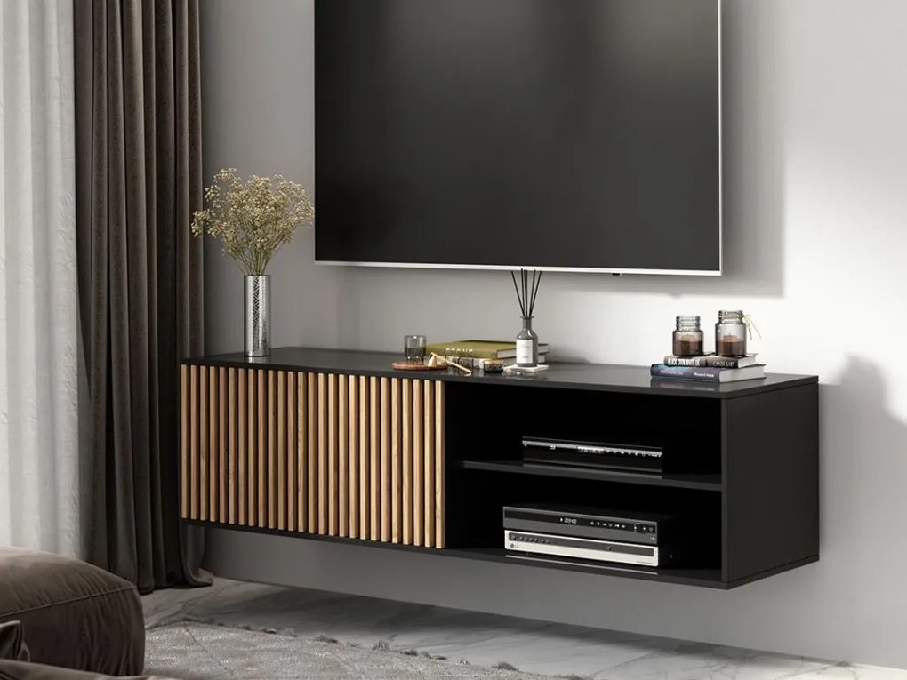 Fali TV állvány MEORATI 150x40 cm, fekete / artisan tölgy