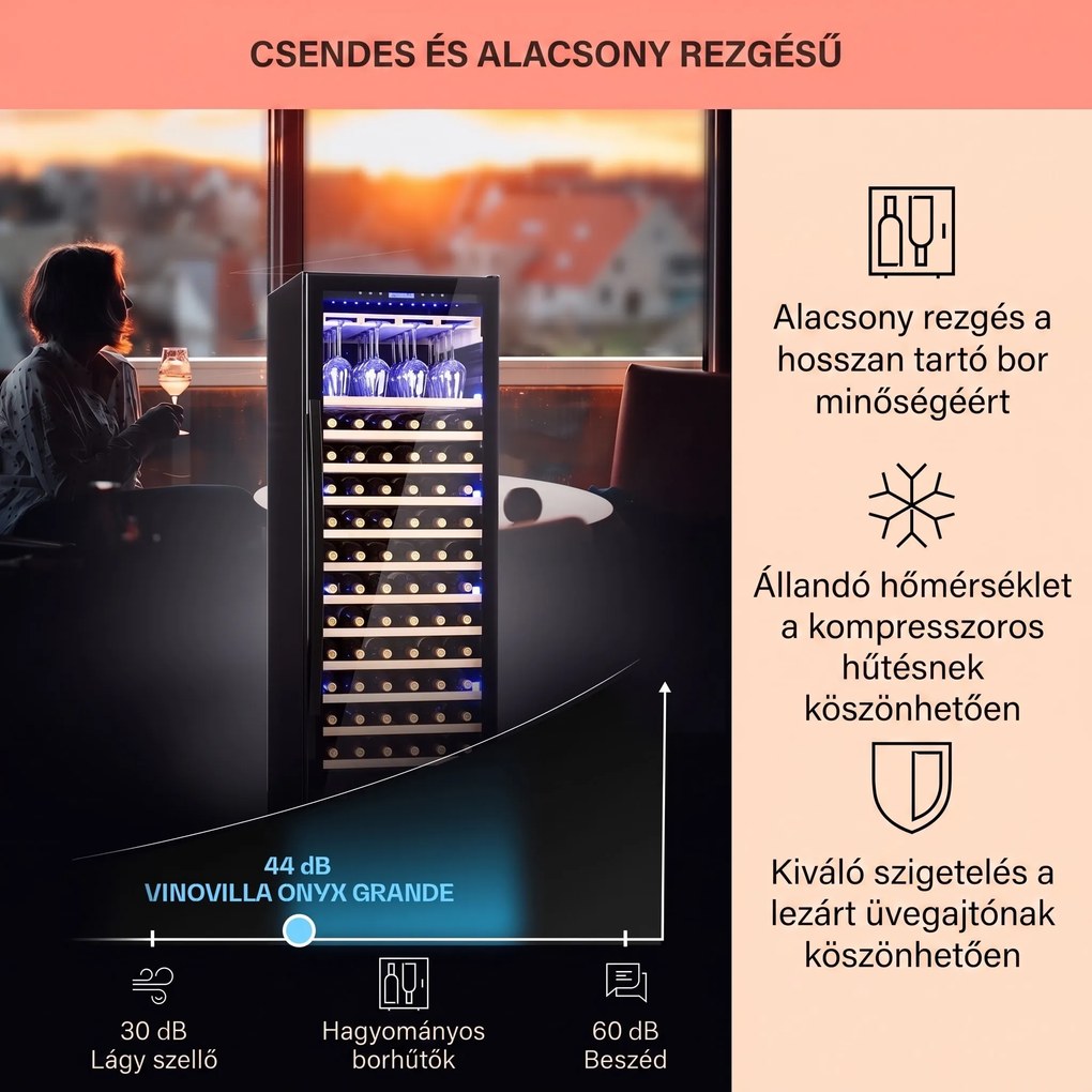 Klarstein Vinovilla Onyx Grande, nagy kapacitású borhűtő, 433 liter, 165 palack, fekete
