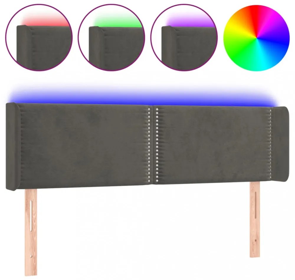 sötétszürke bársony LED-es fejtámla 147 x 16 x 78/88 cm