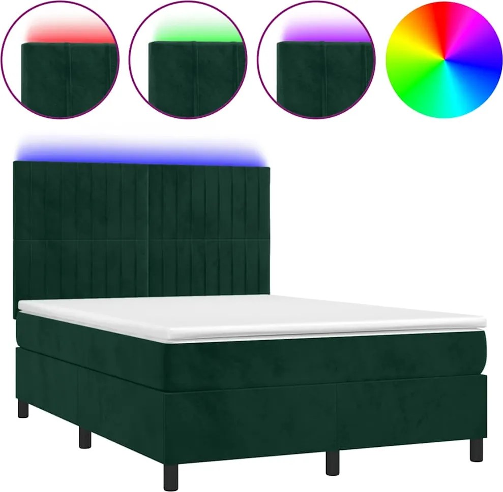 vidaXL sötétzöld bársony rugós és LED-es ágy matraccal 140x190 cm