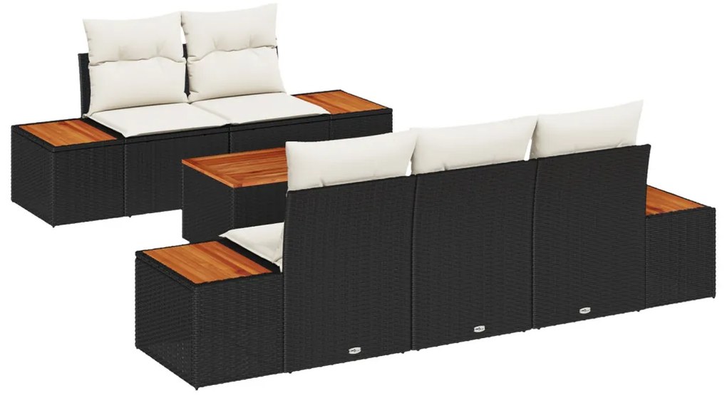 6 Részes Kert Sofasztal Szett Párnákkal Fekete Poli Rattan Akácerdő