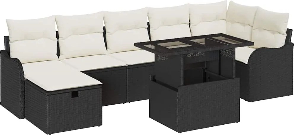 vidaXL Kerti Kanapé Szett párnával tárolóval 8 pcs Fekete Poli rattan