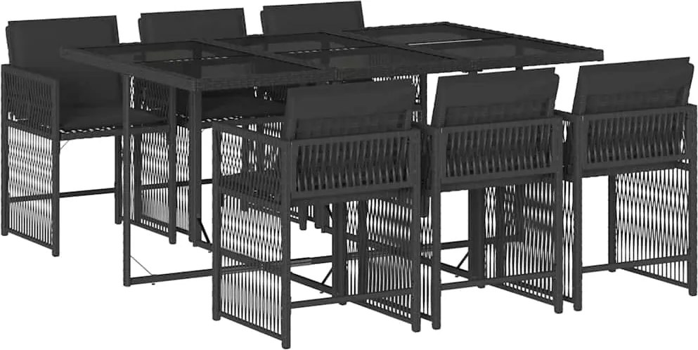 vidaXL 7 részes fekete polyrattan kerti étkezőgarnitúra párnával