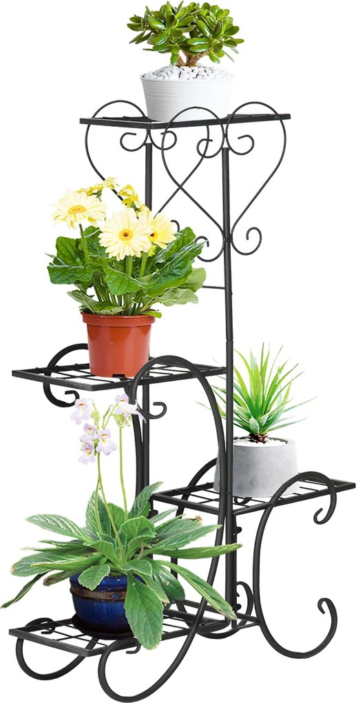 Outsunny Fém Virágtartó Állvány 4 Szintű Virágtartó Lépcső Belső és Külső Kerthez Erkélyre Fekete 45 x 24,5 x 80 cm | Aosom