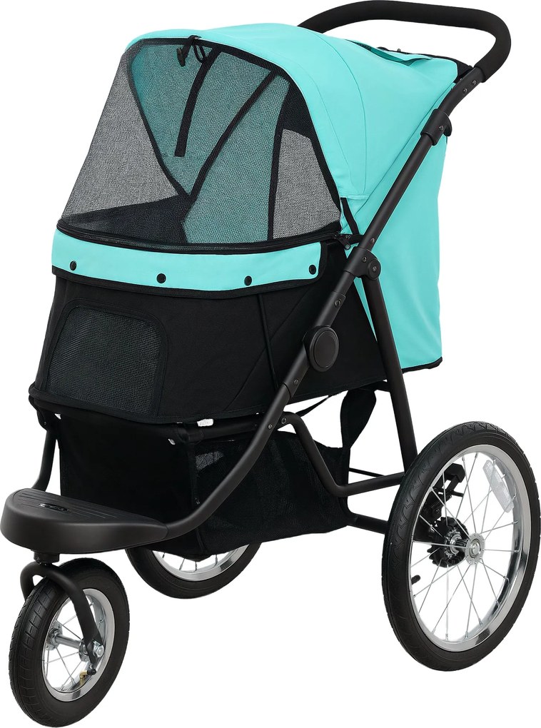 PawHut Kutyakocsi Jogger Kutyabuggy összecsukható kis kutyák és macskák számára 10 kg-ig, 3 nagy gumikerékkel, párnázott hálós ablakokkal, tároló kosá