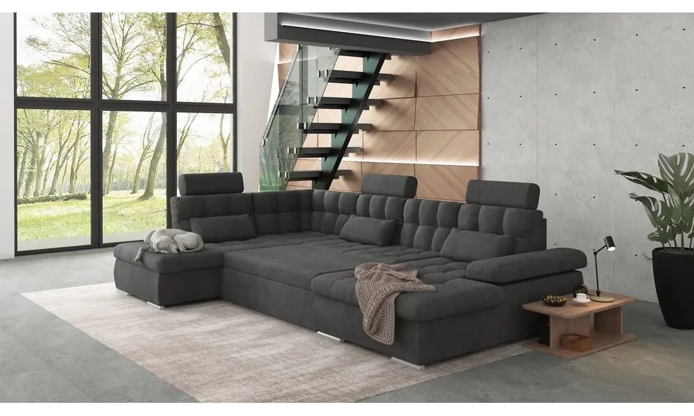 Antracitszürke kinyitható tárolóhelyes sarokkanapé (bal oldali-U alakú) Merkur – Ropez
