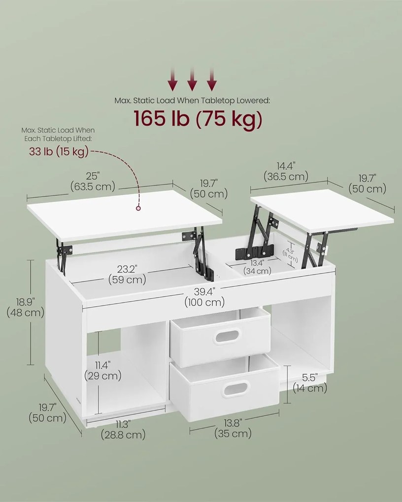 Dohányzóasztal, felemelhető asztallapos dohányzóasztal 2 fiókkal és rejtett rekesszel, 50x100x48 cm fehér
