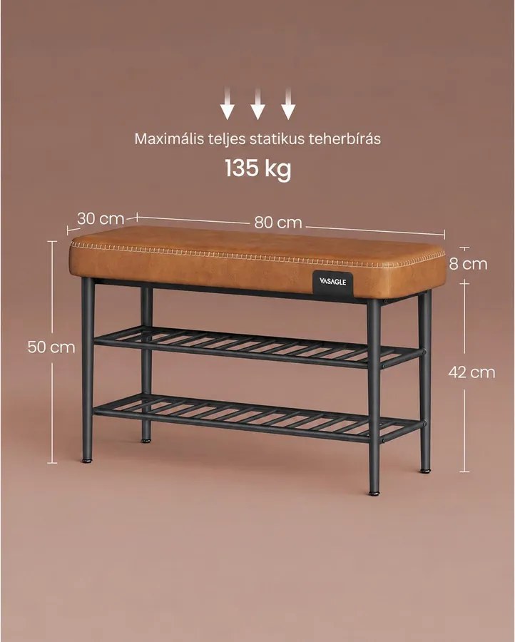 VASAGLE EKHO cipőtartó pad, 3 tárolószinttel és párnázott ülőfelülettel, 80 × 30 × 50 cm, karamellbarna