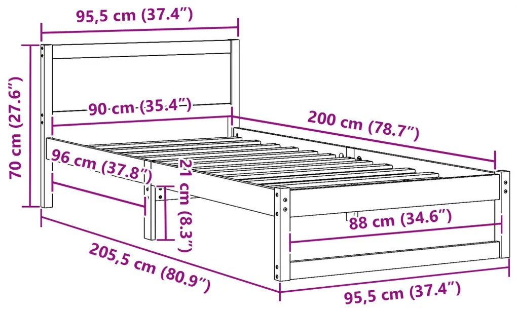 Ágykeret Fehér Fa 90 x 200 cm Minimalista ágykeret