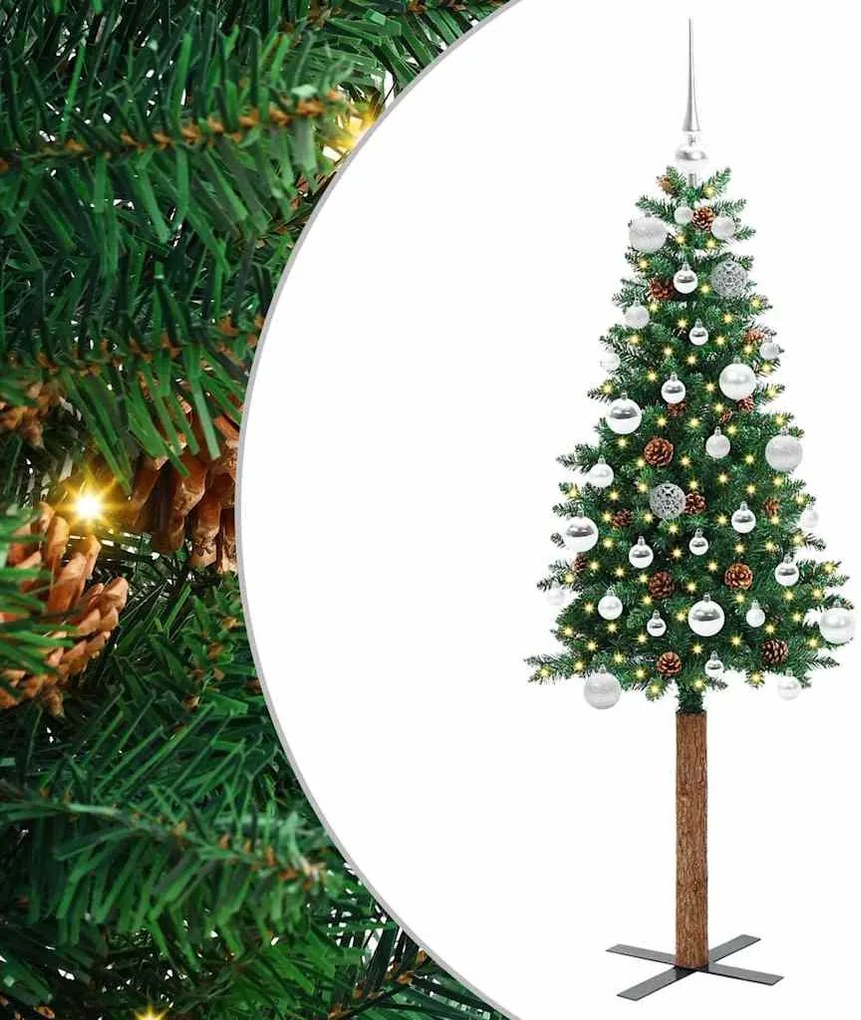 vidaXL Karcsú karácsonyfa 150 LED-del Zöld 150 cm PVC és tömör fenyőfa