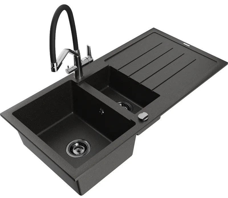 Mexen Andres gránit mosogató 1,5-medencés csepegtetővel és Duo konyhai csapteleppel, fekete/arany metál - 6515-75-671701-07-B