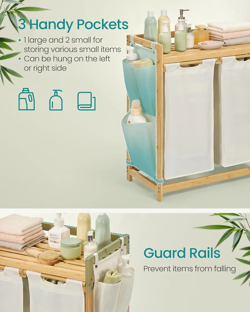 Szennyeskosár 2 rekesszel, szennyestartó, 100 literes, 63 x 33 x 78 cm, krémfehér