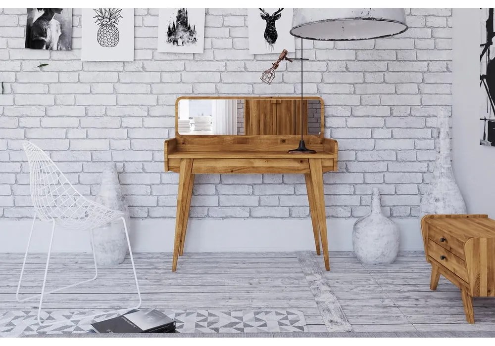 Tölgyfa fésülködőasztal tükörrel 110x45 cm Retro - The Beds