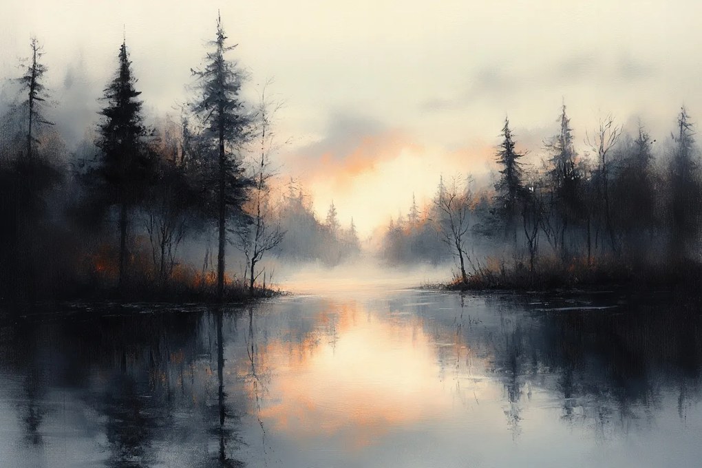 Fotótapéta Flizelina Tájkép Tó Erdő Fák Köd Este 152,5x104 ragasztó