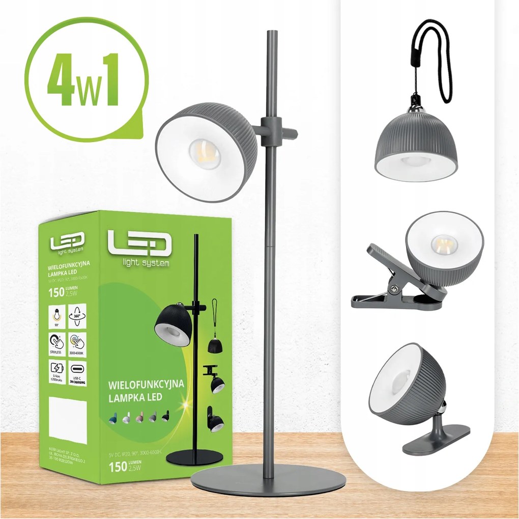 Akkumulátoros Led asztali lámpa Usb-c Cct Mágneses 4in1 1200mAh szürke