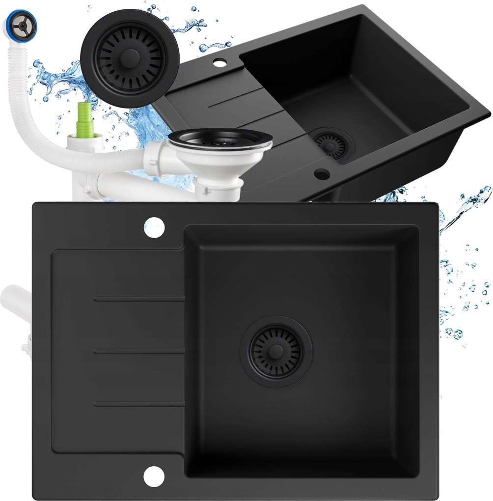Fekete gránit mosogató egy medencés 60.2x44.2 csepegtetővel szifon