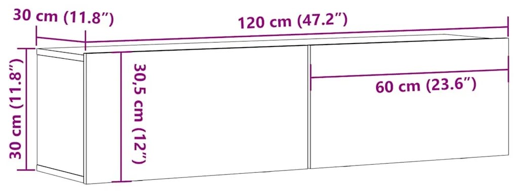 kézműves tölgy színű szerelt fa fali TV-szekrény 120x30x30 cm