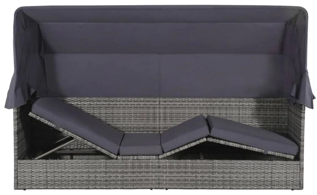 Szürke polyrattan napellenzős kerti ágy 205 x 62 cm