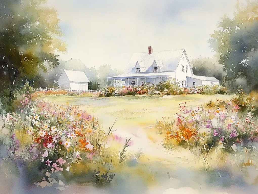 Vászonkép Canvas Tájkép Falu Ház Veranda Virágok Tavasz Nyár 80x60