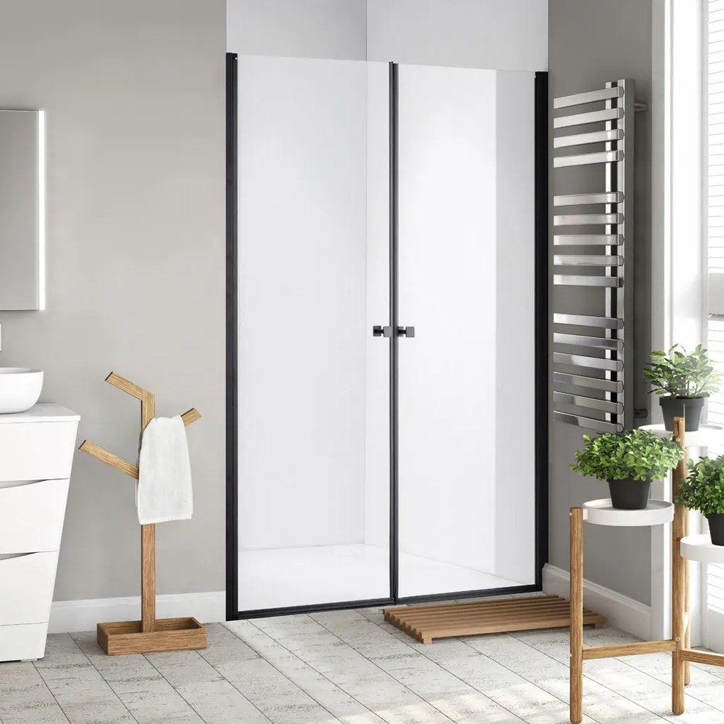 Stuxi Bari Big Black 140 cm széles kétszárnyú nyíló zuhanyajtó, 6 mm vízlepergető üveggel, matt fekete profillal, 195 cm magas