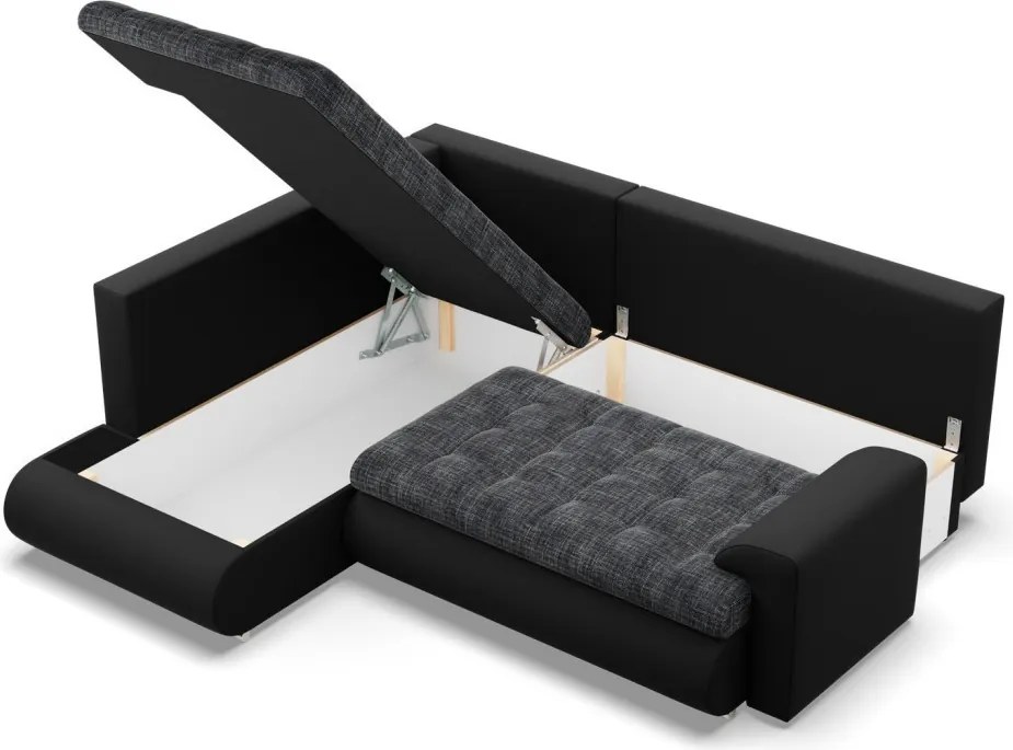 Tokio sarokkanapé, L alakú háttámlával, 2 ágyneműtartóval, fonott + műbőr, baloldali, szürke - fekete