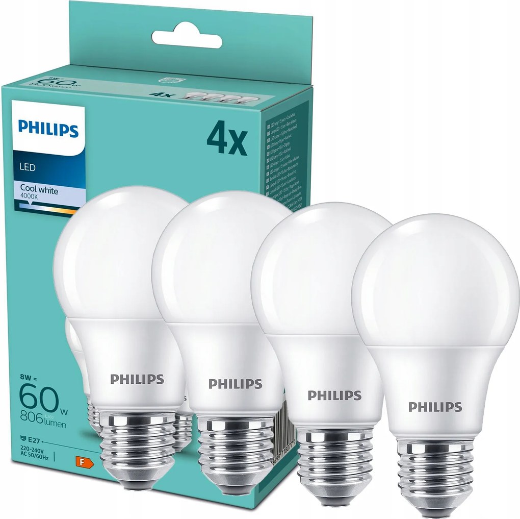 4x Led izzó E27 A60 9W 60W 806lm 4000K Semleges Tejes Philips