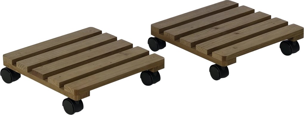 Outsunny 2 darabos növényállvány készlet, virágroller, gurulós növényállvány fékkel, 30 x 30 cm beltéri és kültéri növényekhez, fenyőfa, sötétbarna |