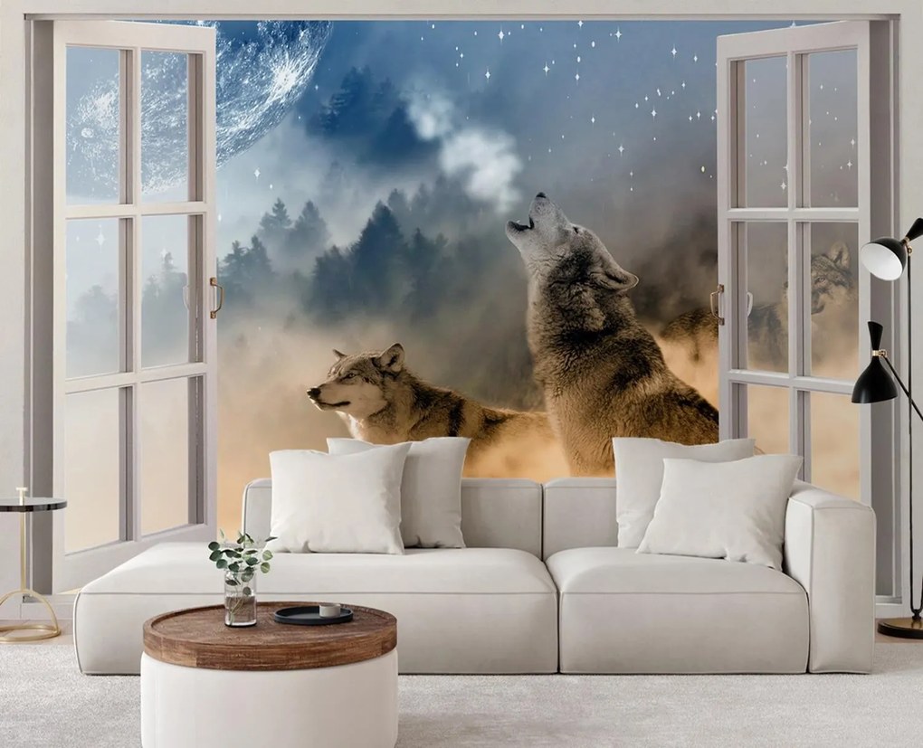 Gario Fotótapéta Ablak - üvölto farkasok Anyag: Vlies, Méret: 280 x 200 cm