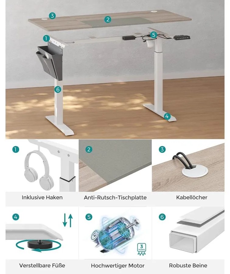 Állítható magasságú elektromos íróasztal memória funkcióval 60x140 cm, fehér-greige | SONGMICS