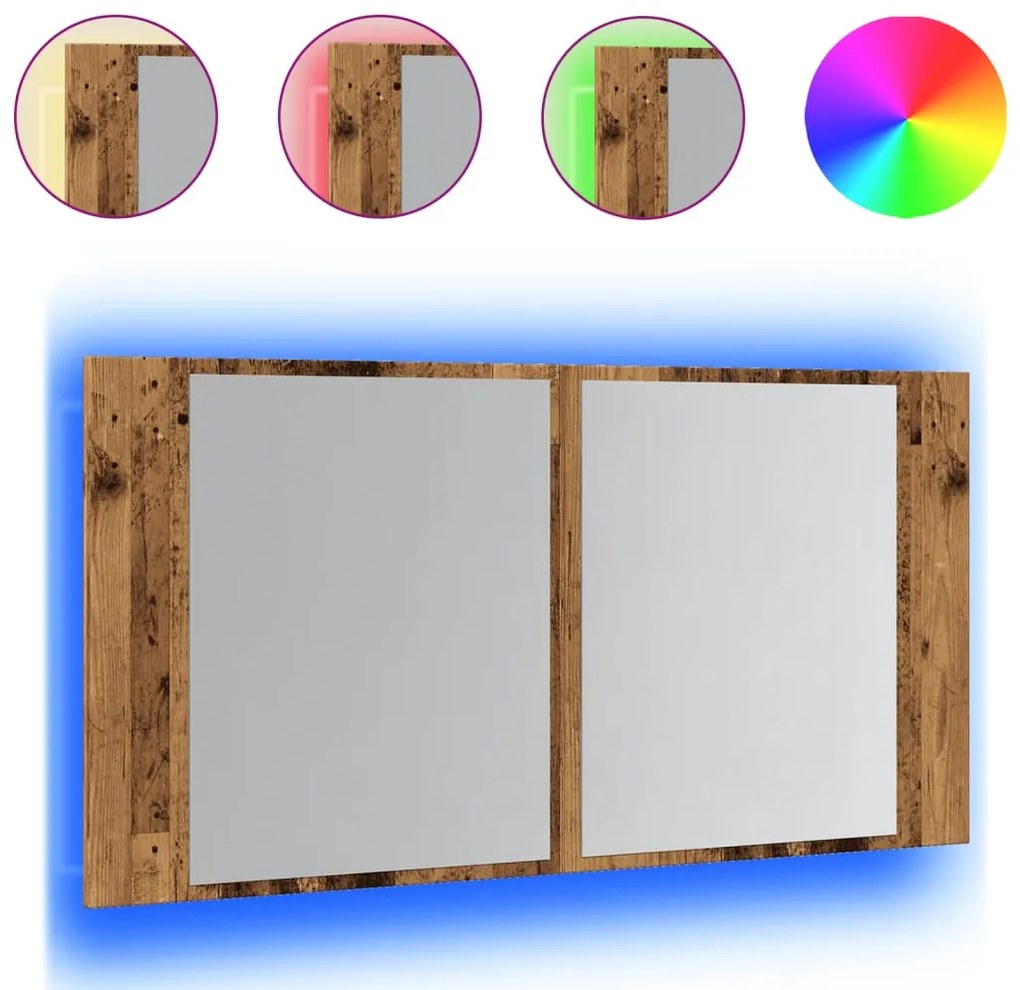 antik fa színű szerelt fa tükrösszekrény LED-del 90x12x45 cm