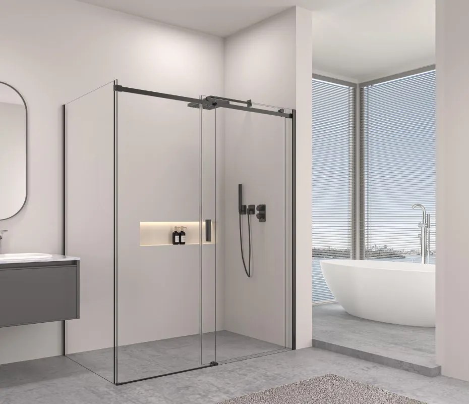 Erga Lynn, tolóajtós zuhanykabin 150 (ajtó) x 90 (fal) x 195 cm, 8mm átlátszó üveg, fekete profil, ERG-V02-LYNN-D150G090-CL-BK