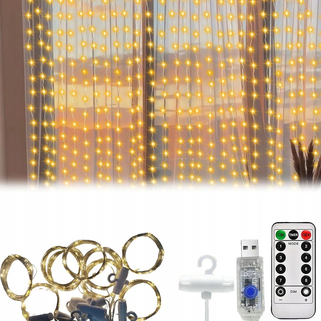 Karácsonyfa Lámpa 300 Led Fehér Meleg 3x3m Beltéri Karácsonyi 8 Üzemmód